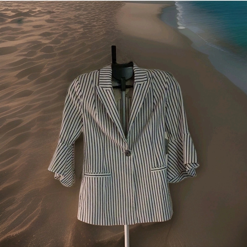 CAbi Navy & White Striped Single-Button Blazer